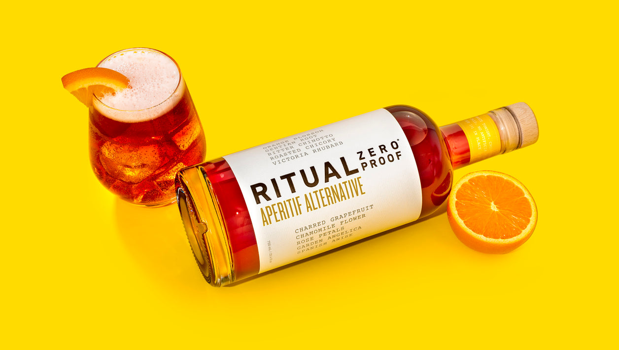 Non-alcoholic spritz made with Ritual Zero Proof Aperitif Alternative.